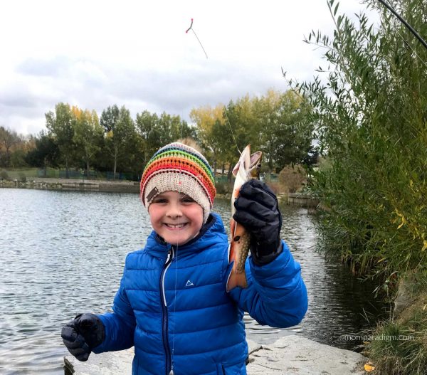 Fishing at Lacombe Lake Park with OLM. He caught his first fish!